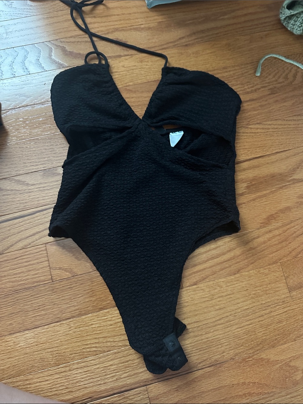 Divided Black Textured V-Neck Bodysuit